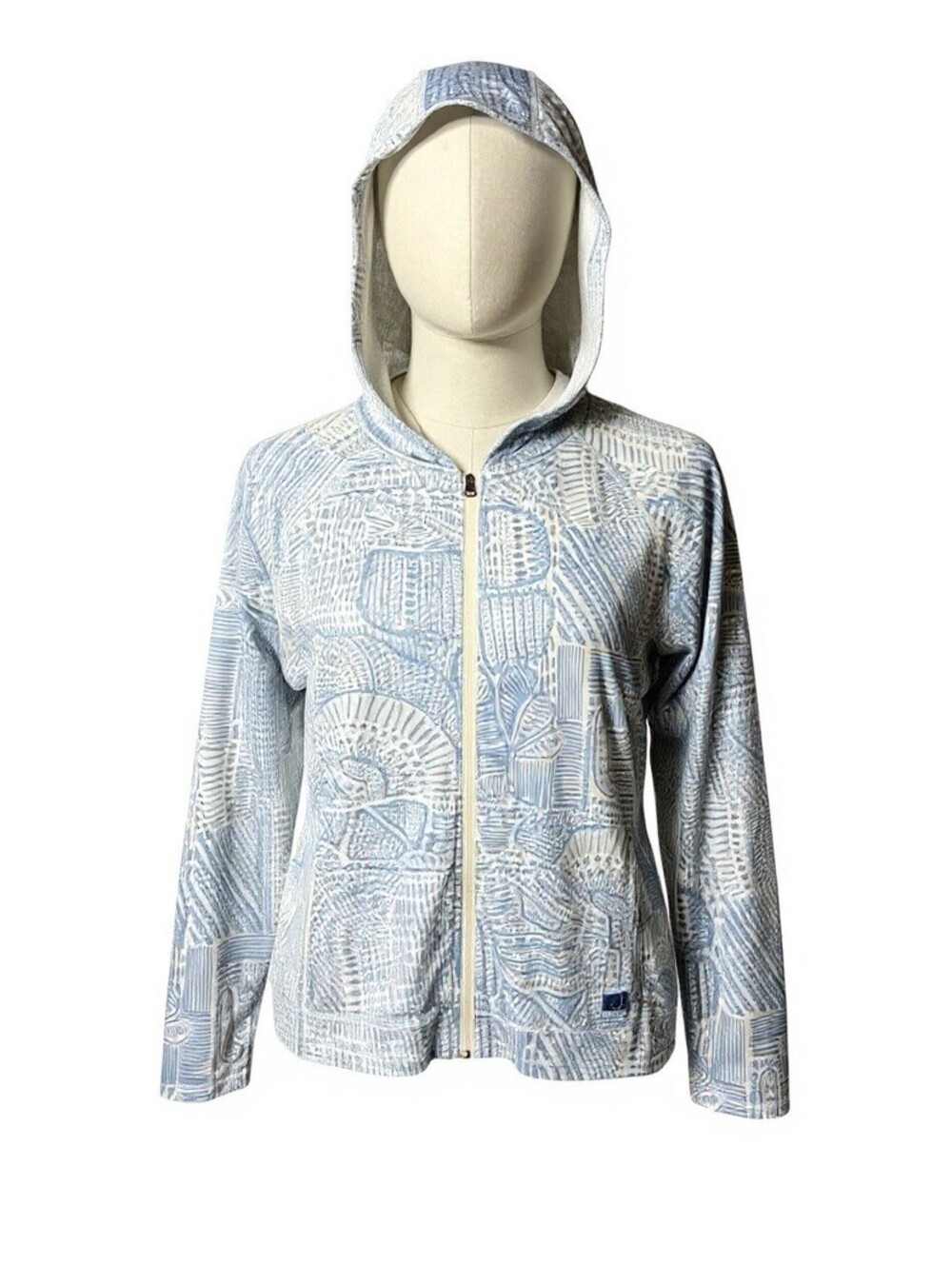 AVID Gear Women’s L UV Hoodie Full Zip Blue White Print Sun Protection Fishing